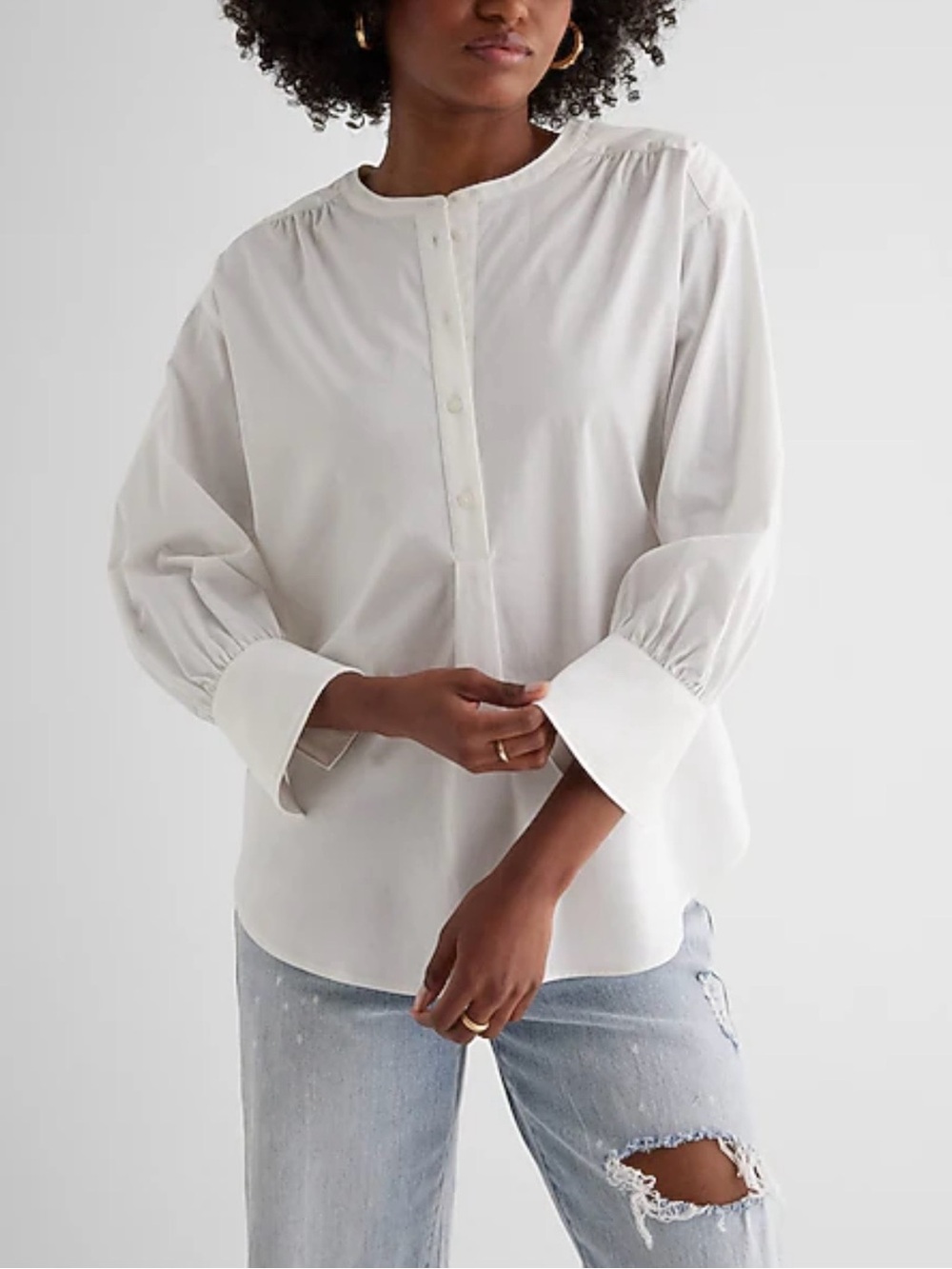 NWT Express Gathered Sleeve Half Button Up Bohemian Shirt White Size M NEW!
